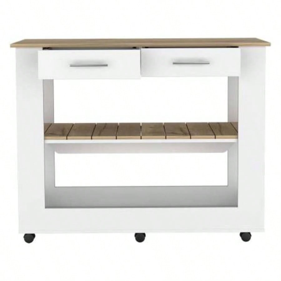 Kitchen Island 36 H, Six Casters, Two Drawers, Two Open Storage Shelves, Towel Hanger, White/Light Oak