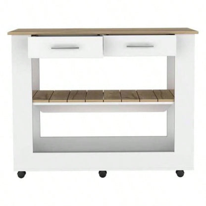 Kitchen Island 36 H, Six Casters, Two Drawers, Two Open Storage Shelves, Towel Hanger, White/Light Oak