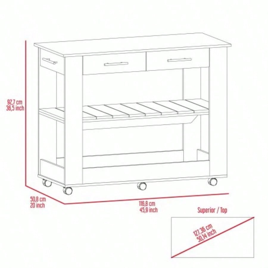 Kitchen Island 36 H, Six Casters, Two Drawers, Two Open Storage Shelves, Towel Hanger, White/Light Oak