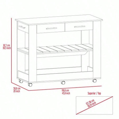 Kitchen Island 36 H, Six Casters, Two Drawers, Two Open Storage Shelves, Towel Hanger, White/Light Oak