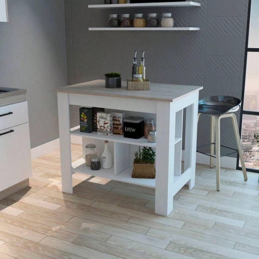 Kitchen Island Antibacterial Dozza, Three Shelves, Light Gray/ White