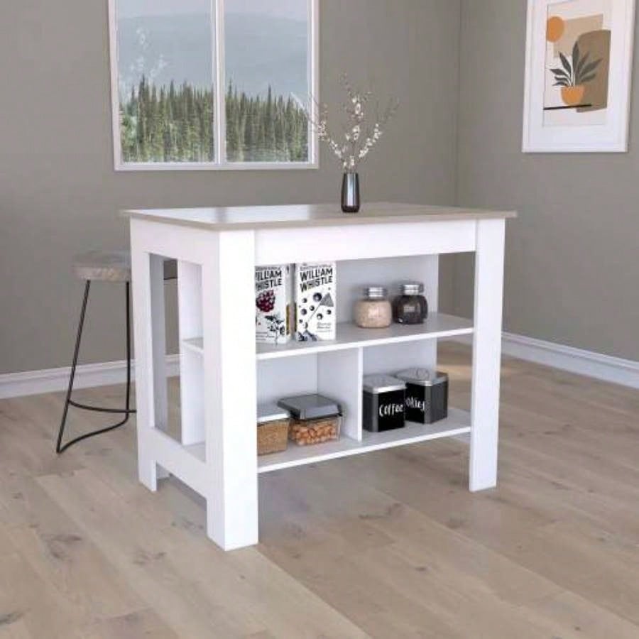 Kitchen Island, Kitchen Table 35 H, Three Open Storage Shelves, Four, White/ Light Gray