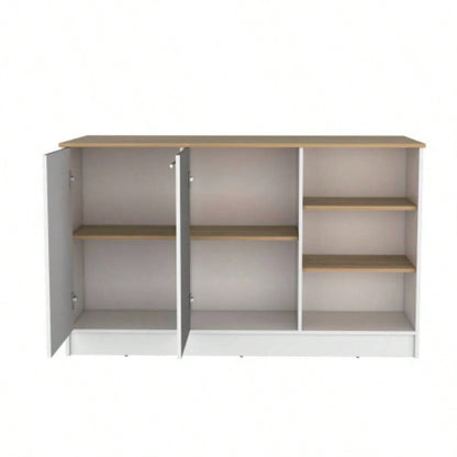 Kitchen Island Two Cabinets, Three Open Shelves, White/ Natural Oak