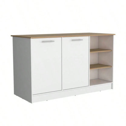 Kitchen Island Two Cabinets, Three Open Shelves, White/ Natural Oak