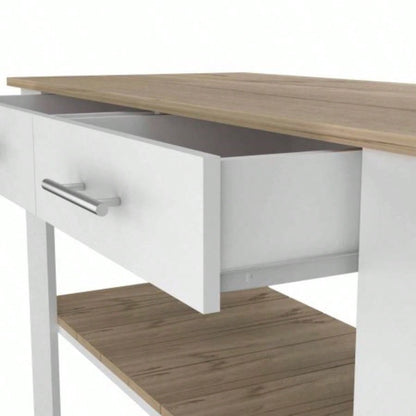 Kitchen Island 36 H, Six Casters, Two Drawers, Two Open Storage Shelves, Towel Hanger, White/Light Oak