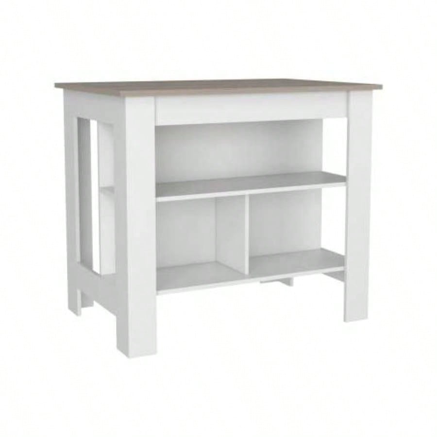 Kitchen Island, Kitchen Table 35 H, Three Open Storage Shelves, Four, White/ Light Gray