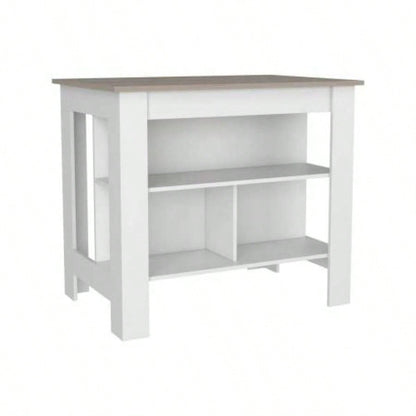 Kitchen Island, Kitchen Table 35 H, Three Open Storage Shelves, Four, White/ Light Gray