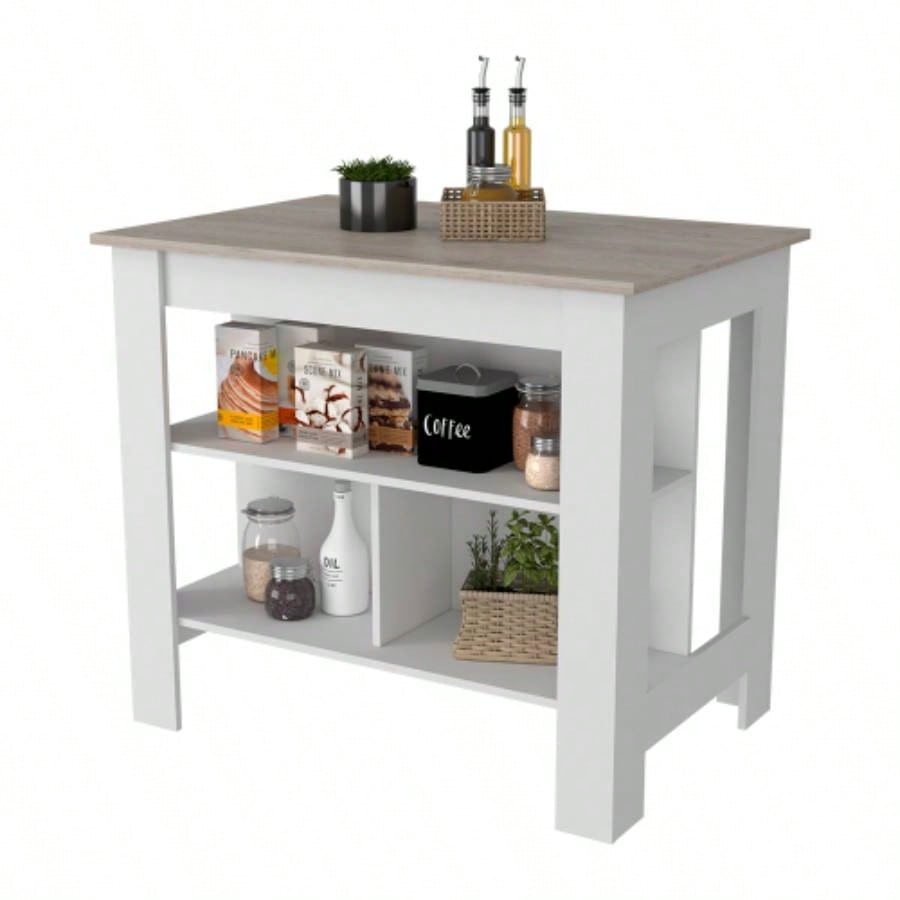 Kitchen Island Antibacterial Dozza, Three Shelves, Light Gray/ White