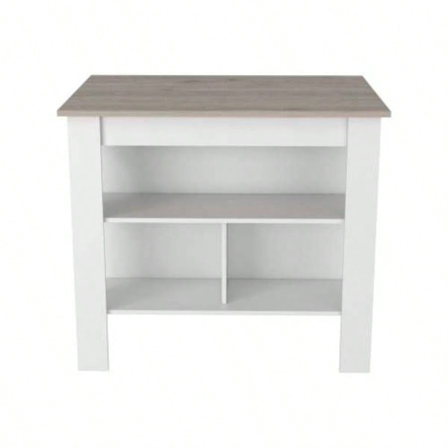 Kitchen Island, Kitchen Table 35 H, Three Open Storage Shelves, Four, White/ Light Gray