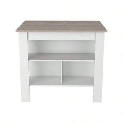Kitchen Island, Kitchen Table 35 H, Three Open Storage Shelves, Four, White/ Light Gray