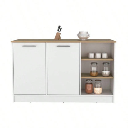 Kitchen Island Two Cabinets, Three Open Shelves, White/ Natural Oak