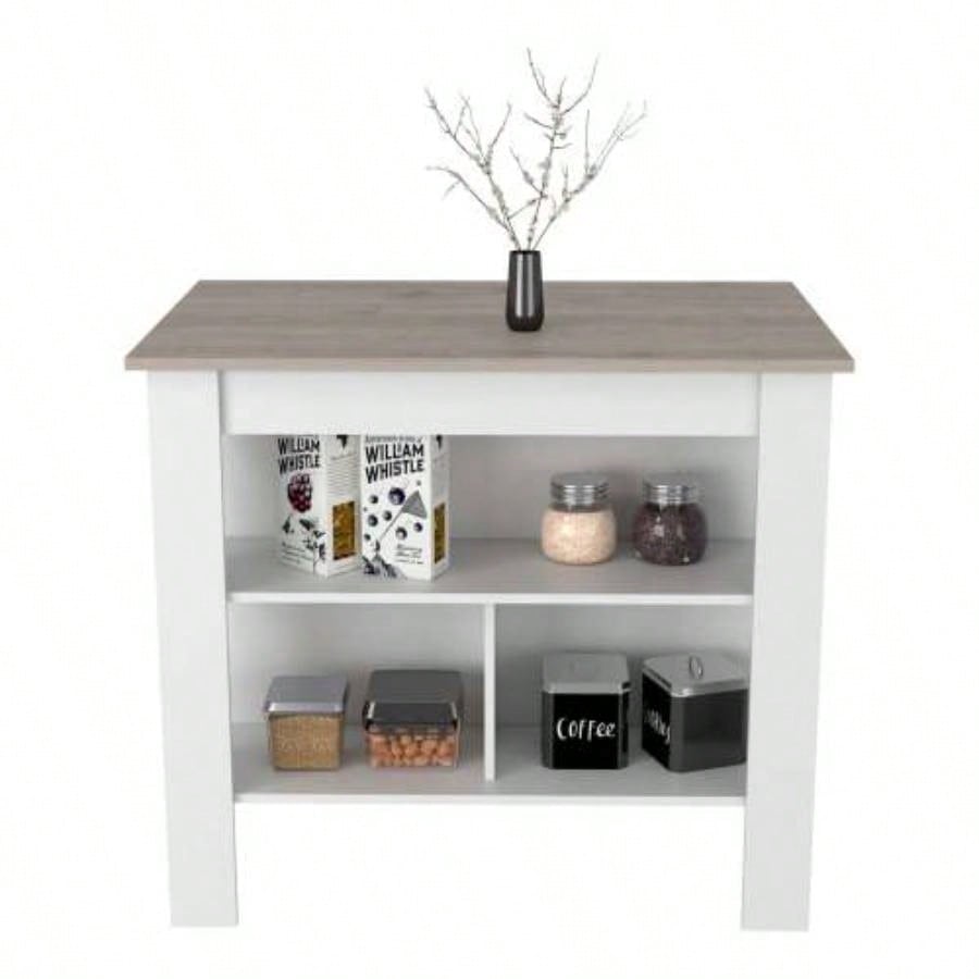Kitchen Island, Kitchen Table 35 H, Three Open Storage Shelves, Four, White/ Light Gray