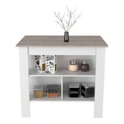 Kitchen Island, Kitchen Table 35 H, Three Open Storage Shelves, Four, White/ Light Gray