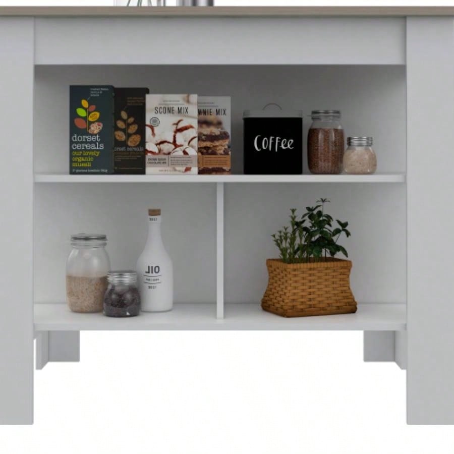 Kitchen Island, Kitchen Table 35 H, Three Open Storage Shelves, Four, White/ Light Gray