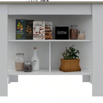 Kitchen Island, Kitchen Table 35 H, Three Open Storage Shelves, Four, White/ Light Gray
