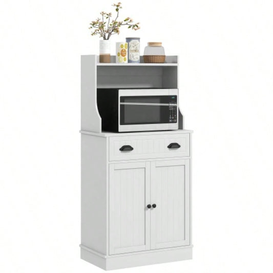 HOMCOM Microwave Cabinet with Storage Drawer, Double Door Cabinet and Adjustable Shelf, Buffet with Hutch and Hole, Storage Cabinet Kitchen, Dining Room, Living Room, White