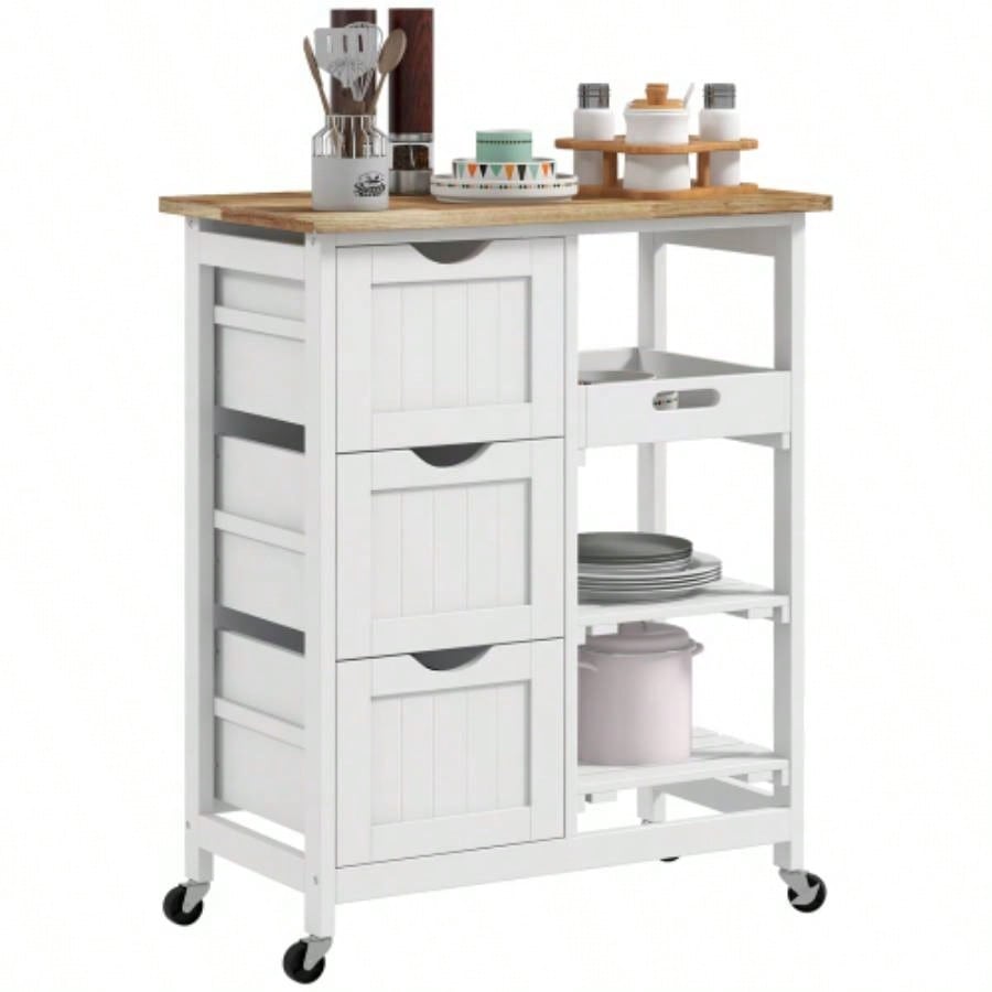 HOMCOM Rolling Kitchen Island Cart, Bar Serving Cart with Drawers, White