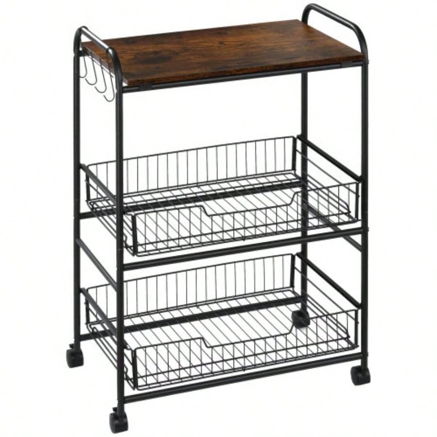 HOMCOM 3 Tier Rolling Kitchen Cart with Storage, Kitchen Island Cart on Wheels with 2 Sliding Fruit Basket, Microwave Cart with Side Hooks Dining Room, Brown