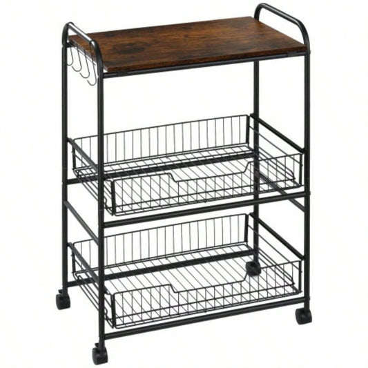 HOMCOM 3 Tier Rolling Kitchen Cart with Storage, Kitchen Island Cart on Wheels with 2 Sliding Fruit Basket, Microwave Cart with Side Hooks Dining Room, Brown