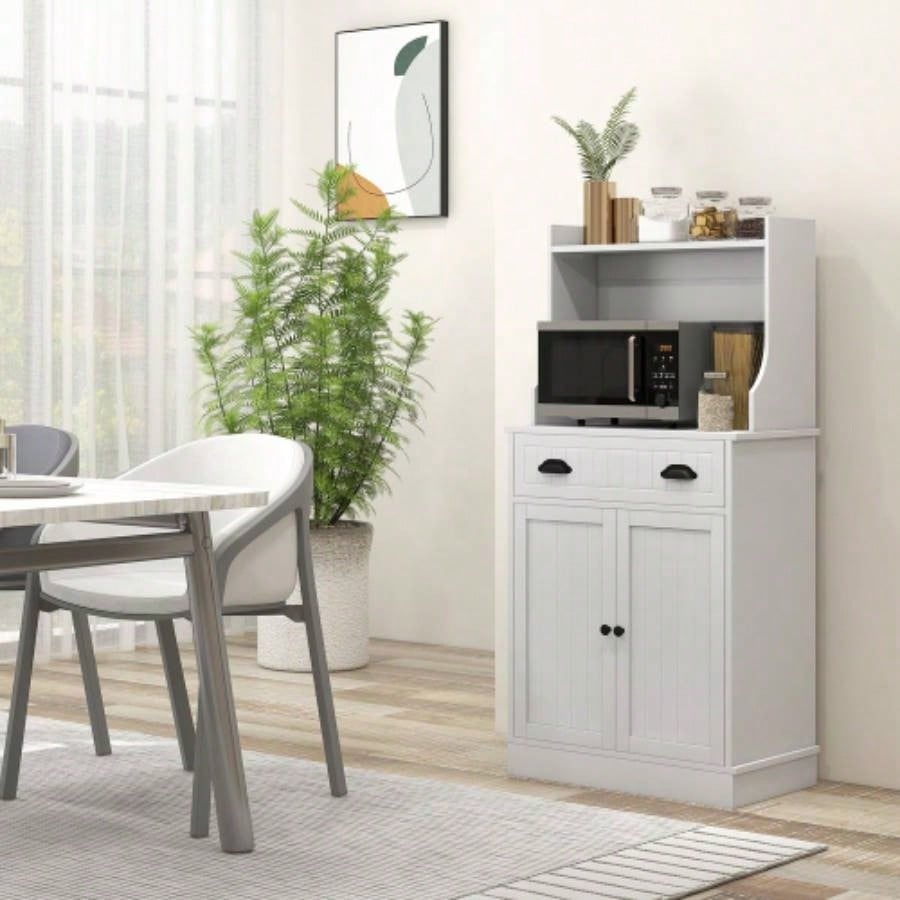 HOMCOM Microwave Cabinet with Storage Drawer, Double Door Cabinet and Adjustable Shelf, Buffet with Hutch and Hole, Storage Cabinet Kitchen, Dining Room, Living Room, White
