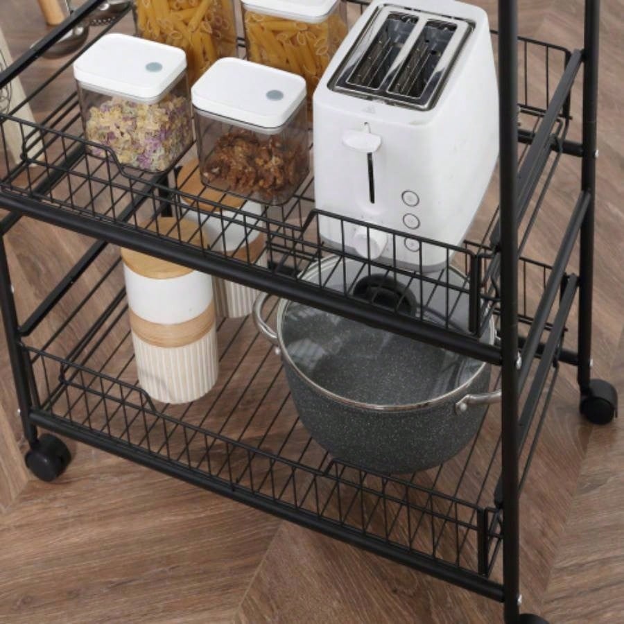 HOMCOM 3 Tier Rolling Kitchen Cart with Storage, Kitchen Island Cart on Wheels with 2 Sliding Fruit Basket, Microwave Cart with Side Hooks Dining Room, Brown