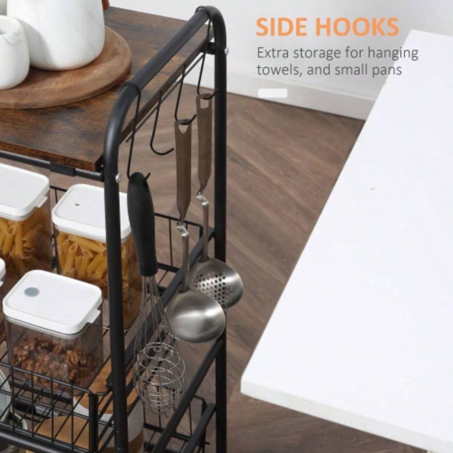 HOMCOM 3 Tier Rolling Kitchen Cart with Storage, Kitchen Island Cart on Wheels with 2 Sliding Fruit Basket, Microwave Cart with Side Hooks Dining Room, Brown