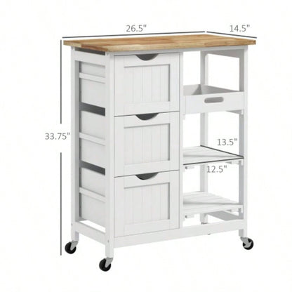 HOMCOM Rolling Kitchen Island Cart, Bar Serving Cart with Drawers, White