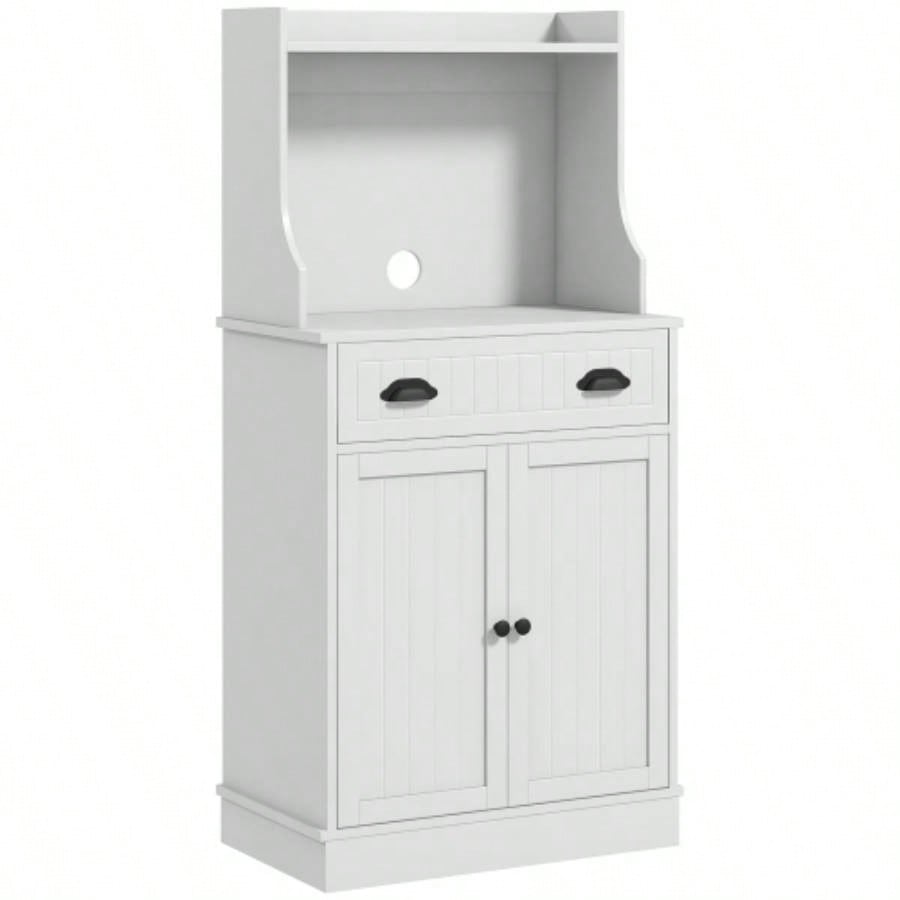 HOMCOM Microwave Cabinet with Storage Drawer, Double Door Cabinet and Adjustable Shelf, Buffet with Hutch and Hole, Storage Cabinet Kitchen, Dining Room, Living Room, White
