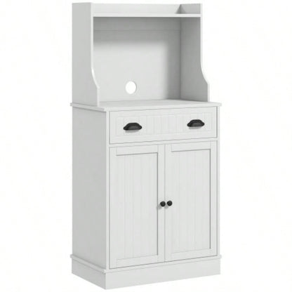 HOMCOM Microwave Cabinet with Storage Drawer, Double Door Cabinet and Adjustable Shelf, Buffet with Hutch and Hole, Storage Cabinet Kitchen, Dining Room, Living Room, White
