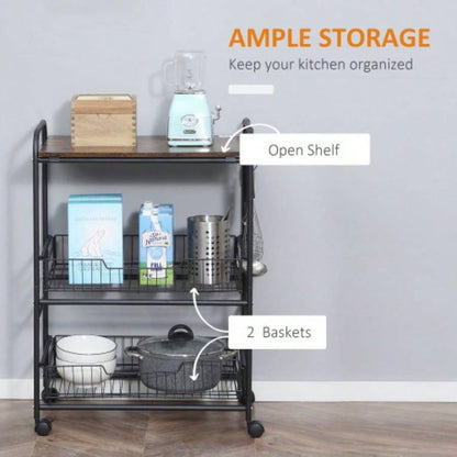 HOMCOM 3 Tier Rolling Kitchen Cart with Storage, Kitchen Island Cart on Wheels with 2 Sliding Fruit Basket, Microwave Cart with Side Hooks Dining Room, Brown