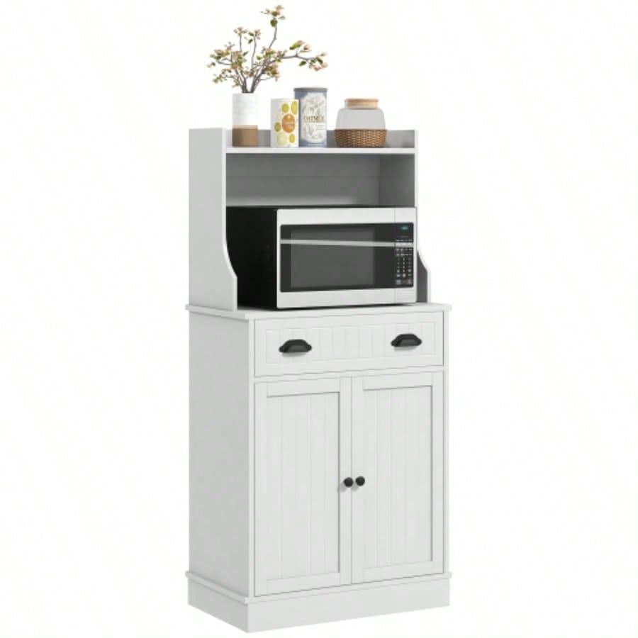 HOMCOM Microwave Cabinet with Storage Drawer, Double Door Cabinet and Adjustable Shelf, Buffet with Hutch and Hole, Storage Cabinet Kitchen, Dining Room, Living Room, White