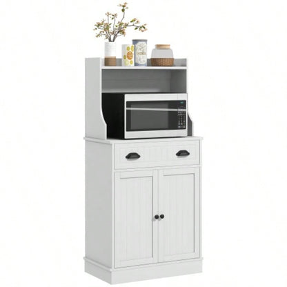 HOMCOM Microwave Cabinet with Storage Drawer, Double Door Cabinet and Adjustable Shelf, Buffet with Hutch and Hole, Storage Cabinet Kitchen, Dining Room, Living Room, White