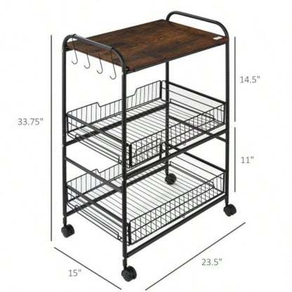 HOMCOM 3 Tier Rolling Kitchen Cart with Storage, Kitchen Island Cart on Wheels with 2 Sliding Fruit Basket, Microwave Cart with Side Hooks Dining Room, Brown