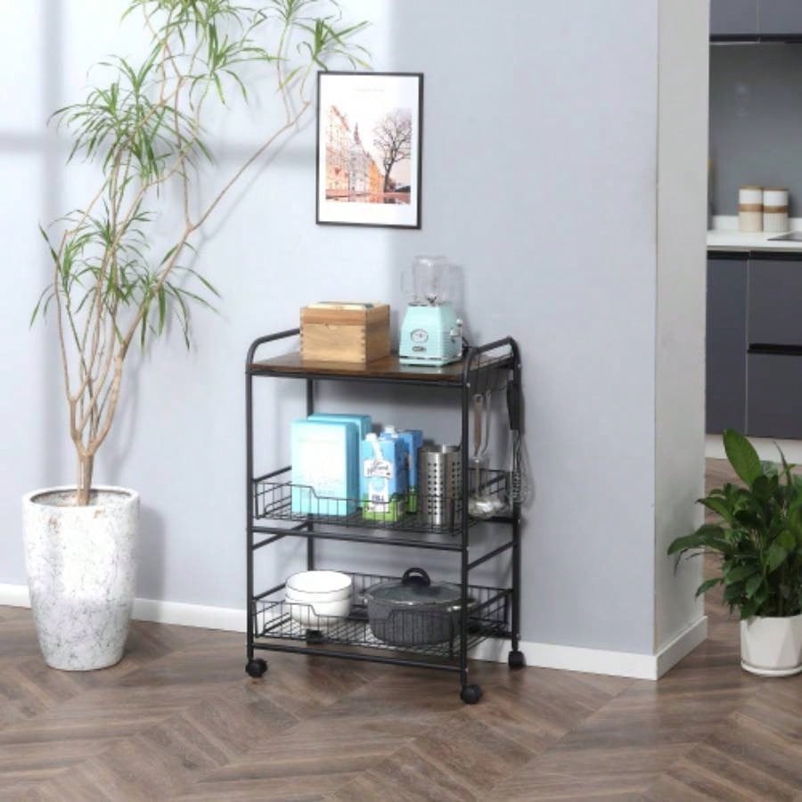 HOMCOM 3 Tier Rolling Kitchen Cart with Storage, Kitchen Island Cart on Wheels with 2 Sliding Fruit Basket, Microwave Cart with Side Hooks Dining Room, Brown