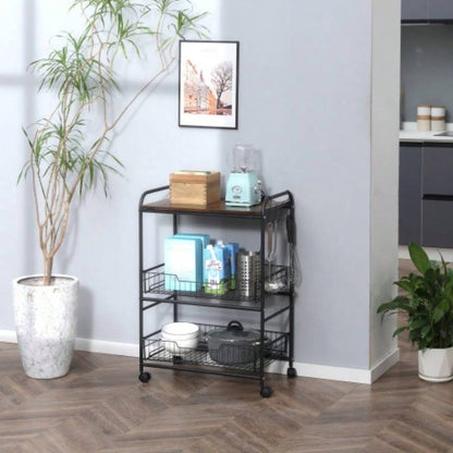 HOMCOM 3 Tier Rolling Kitchen Cart with Storage, Kitchen Island Cart on Wheels with 2 Sliding Fruit Basket, Microwave Cart with Side Hooks Dining Room, Brown