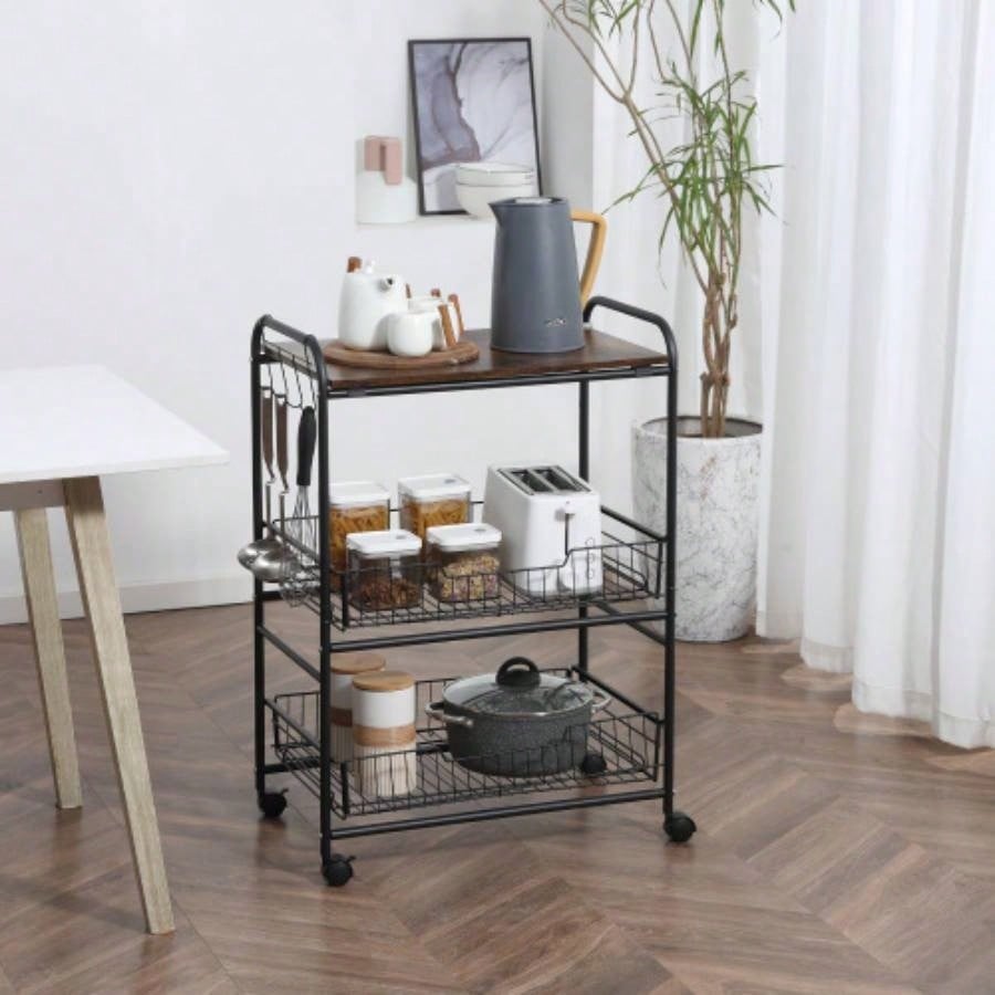HOMCOM 3 Tier Rolling Kitchen Cart with Storage, Kitchen Island Cart on Wheels with 2 Sliding Fruit Basket, Microwave Cart with Side Hooks Dining Room, Brown