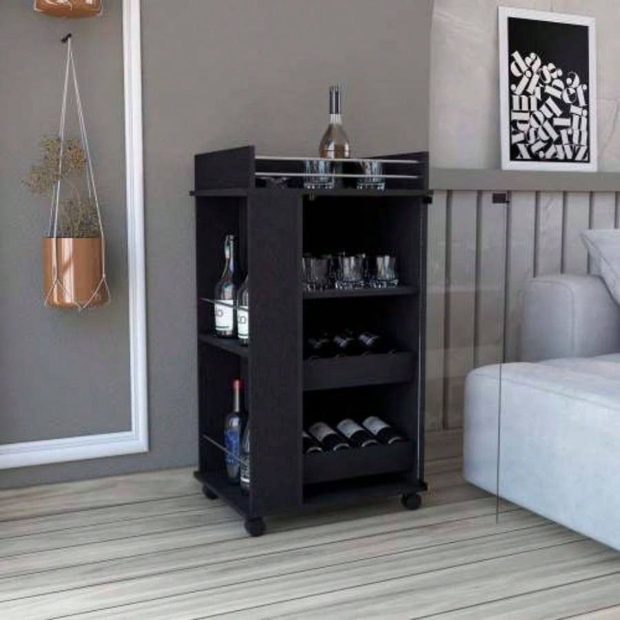 Bar Cart with Glass Door, 2 - Side Shelves and Casters, Black