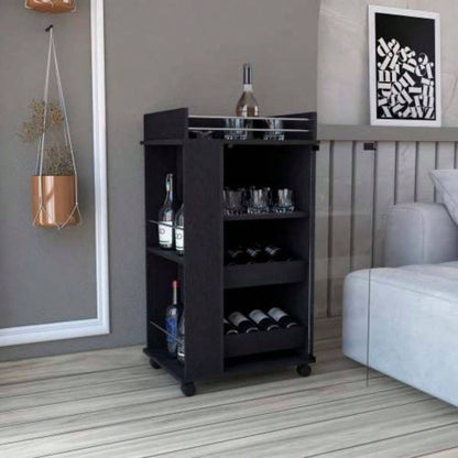 Bar Cart with Glass Door, 2 - Side Shelves and Casters, Black