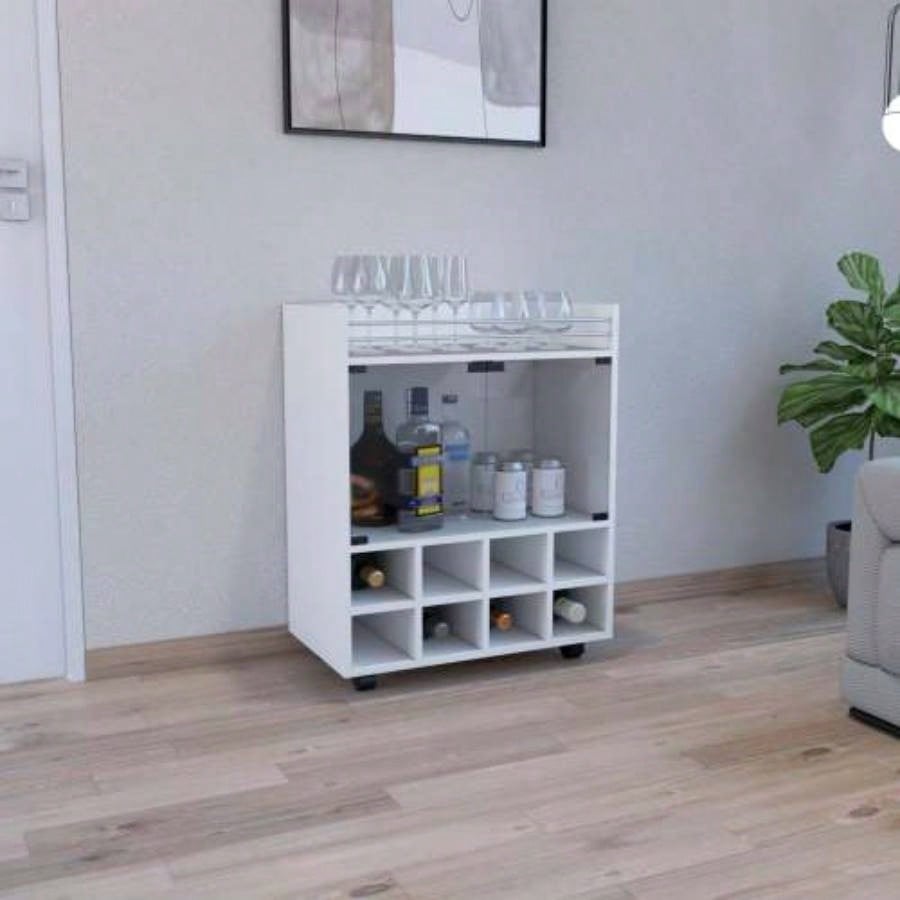 32 H white bar - coffee cart, Kitchen or living room cabinet storage with 4 wheels, with 8 bottle racks, a central shelf covered by 1 glass door, storing glasses and snacks