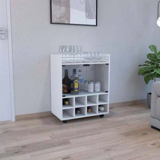 32 H white bar - coffee cart, Kitchen or living room cabinet storage with 4 wheels, with 8 bottle racks, a central shelf covered by 1 glass door, storing glasses and snacks