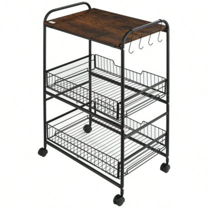 HOMCOM 3 Tier Rolling Kitchen Cart with Storage, Kitchen Island Cart on Wheels with 2 Sliding Fruit Basket, Microwave Cart with Side Hooks Dining Room, Brown