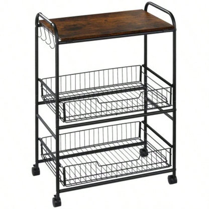 HOMCOM 3 Tier Rolling Kitchen Cart with Storage, Kitchen Island Cart on Wheels with 2 Sliding Fruit Basket, Microwave Cart with Side Hooks Dining Room, Brown