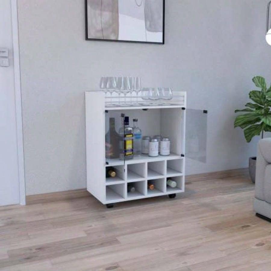 32 H white bar - coffee cart, Kitchen or living room cabinet storage with 4 wheels, with 8 bottle racks, a central shelf covered by 1 glass door, storing glasses and snacks