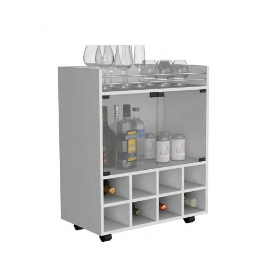 32 H white bar - coffee cart, Kitchen or living room cabinet storage with 4 wheels, with 8 bottle racks, a central shelf covered by 1 glass door, storing glasses and snacks
