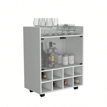 32 H white bar - coffee cart, Kitchen or living room cabinet storage with 4 wheels, with 8 bottle racks, a central shelf covered by 1 glass door, storing glasses and snacks