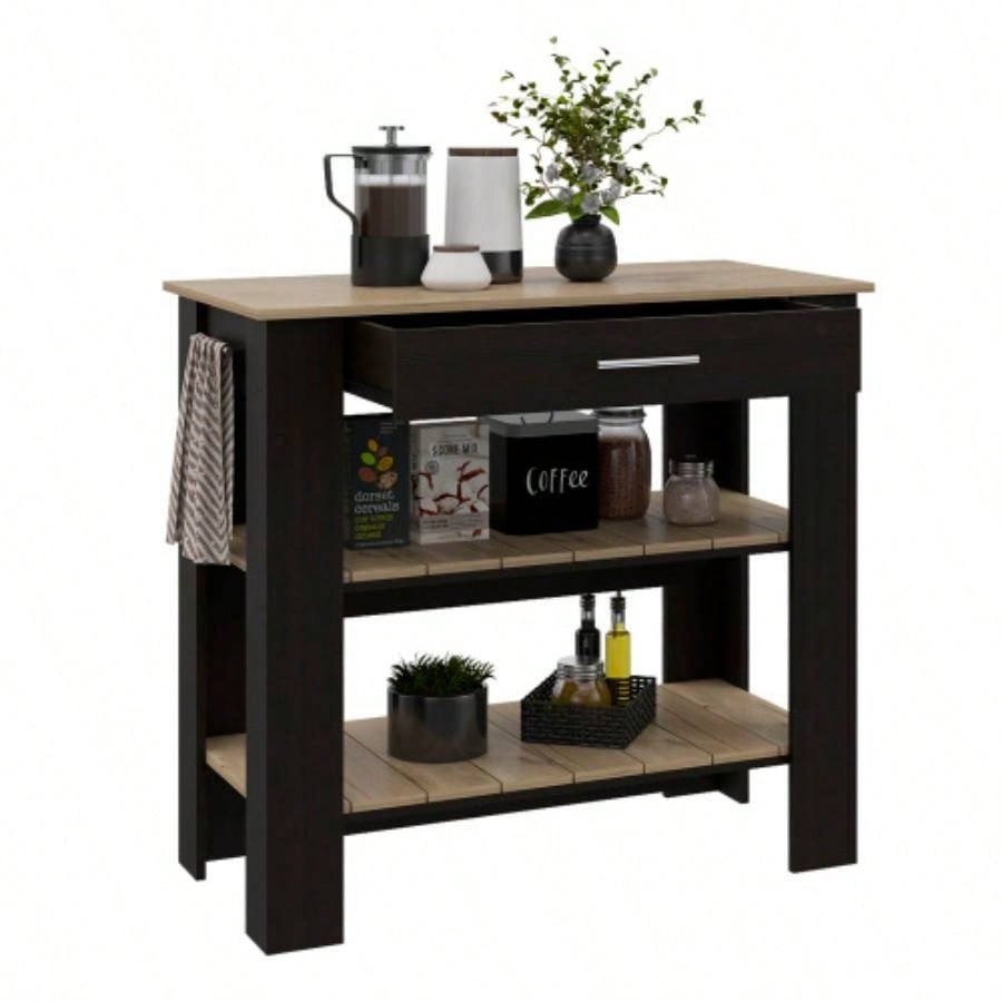 Kitchen Island 37 H, Two Open Storage Shelves, One Drawer, Four, Towel Hanger, Black/ Light Oak