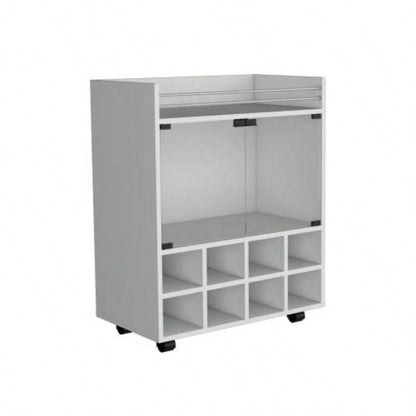 32 H white bar - coffee cart, Kitchen or living room cabinet storage with 4 wheels, with 8 bottle racks, a central shelf covered by 1 glass door, storing glasses and snacks