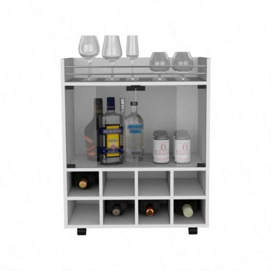 32 H white bar - coffee cart, Kitchen or living room cabinet storage with 4 wheels, with 8 bottle racks, a central shelf covered by 1 glass door, storing glasses and snacks