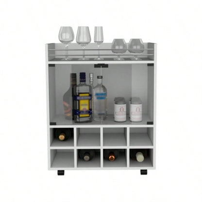 32 H white bar - coffee cart, Kitchen or living room cabinet storage with 4 wheels, with 8 bottle racks, a central shelf covered by 1 glass door, storing glasses and snacks