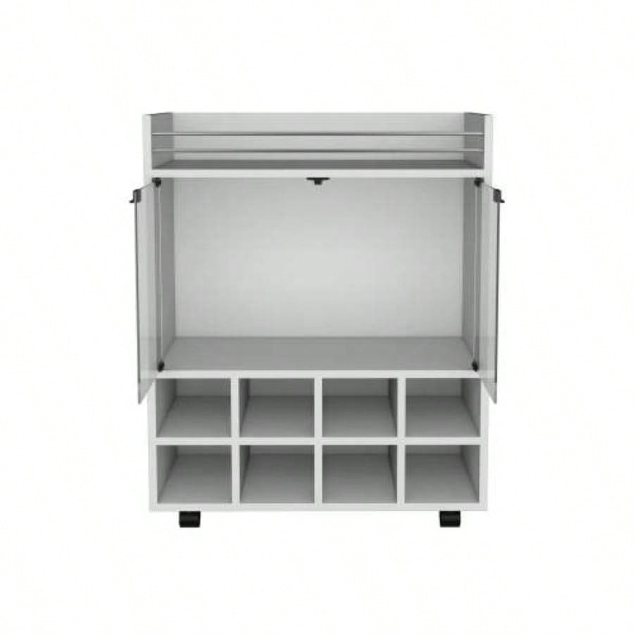 32 H white bar - coffee cart, Kitchen or living room cabinet storage with 4 wheels, with 8 bottle racks, a central shelf covered by 1 glass door, storing glasses and snacks